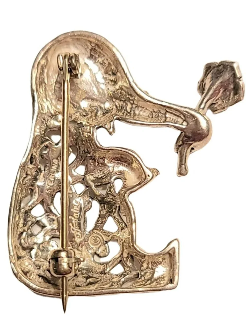 Jezlaine Sterling Silver Scrolled Elephant With Flower Pin Brooch, Signed
